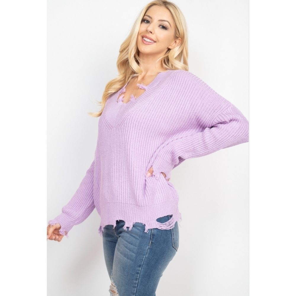5⭐ Lavender v-neck raw distressed hem thick ribbed knit pullover sweater